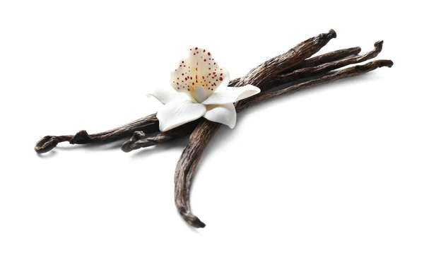 Stik Vanili Dan Bunga Terisolasi Pada Warna Putih — Stok Foto
