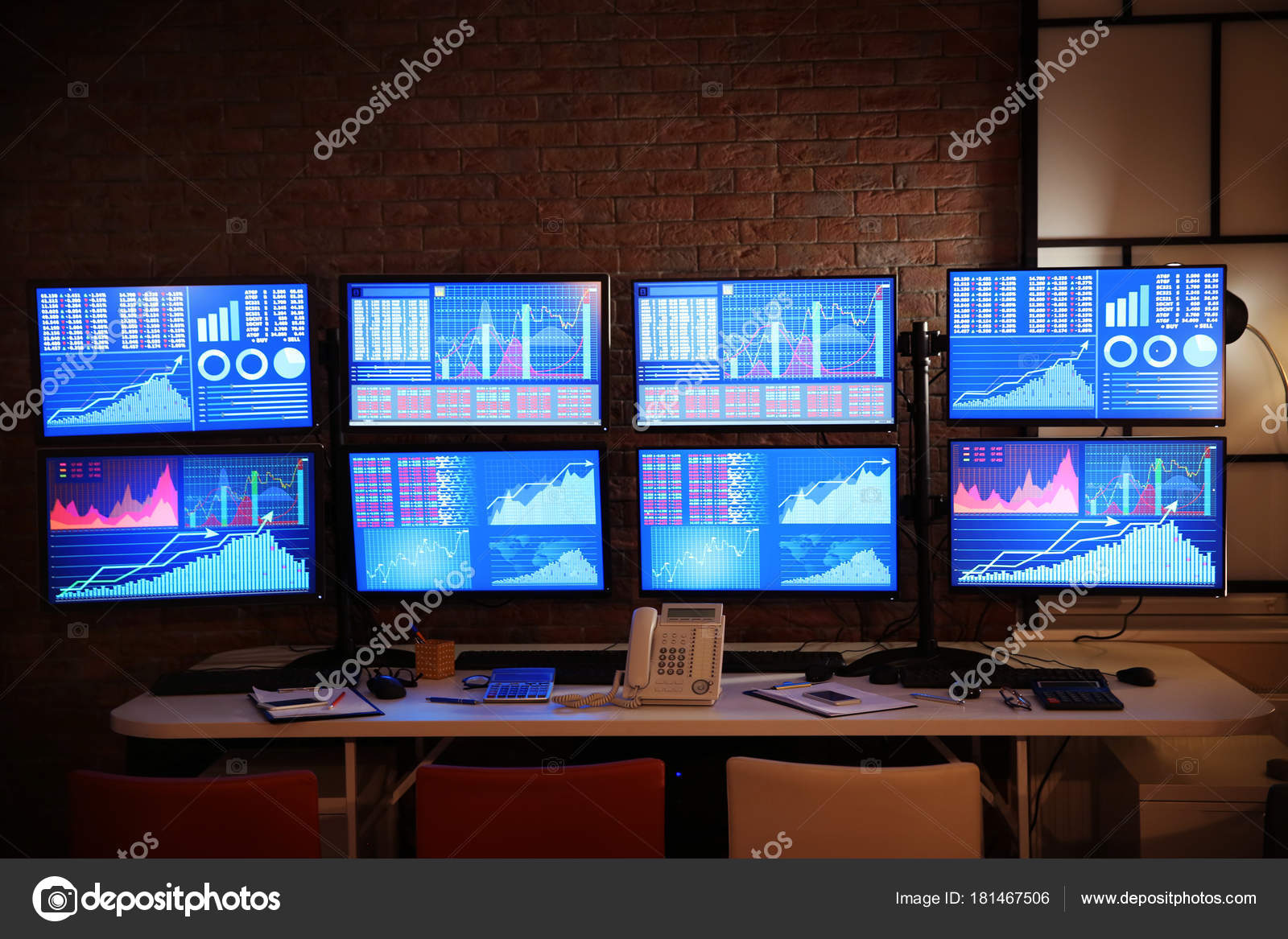 Modern Stock Trader S Workplace In Office At Night Stock Photo