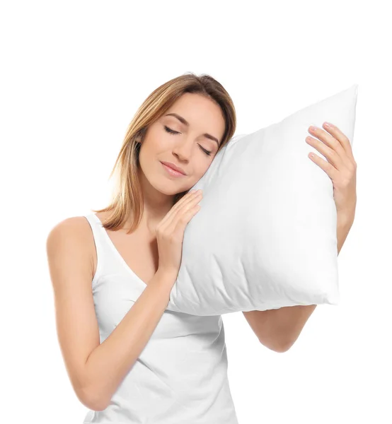 Młoda kobieta z miękką poduszkę na białym tle — Zdjęcie stockowe