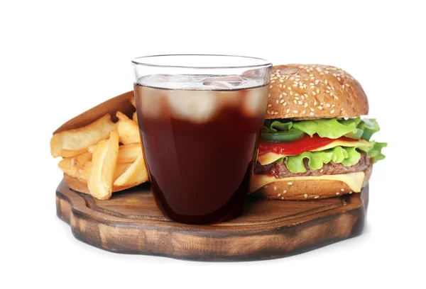 Ízletes burger fehér háttér hideg cola pohár — Stock Fotó