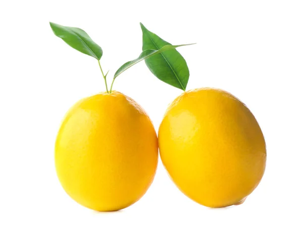 Frische reife Zitronen mit Blättern auf weißem Hintergrund — Stockfoto