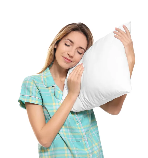 Young woman with soft pillow on white background — Stock Photo, Image