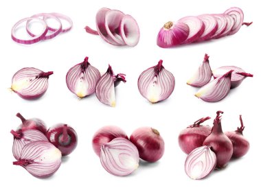 Beyaz zemin üzerine kırmızı soğan ile kolaj