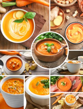 Farklı dishware zencefilli havuç çorbası ile kolaj