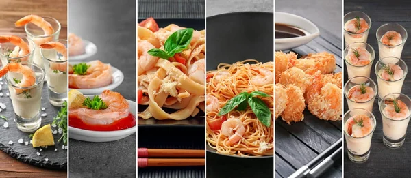Collage avec des recettes pour différents plats de crevettes — Photo