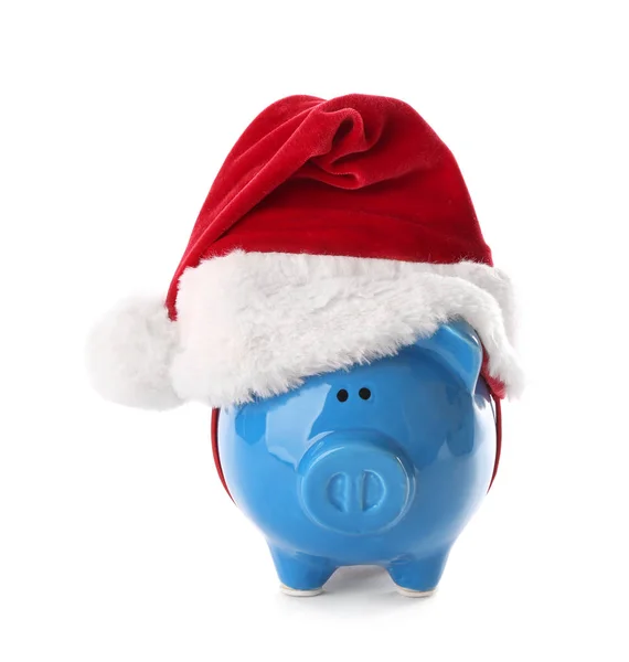 Piggy bank with Santa hat on white background — Stock Photo, Image