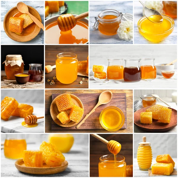 Collage met verse zoete honing — Stockfoto