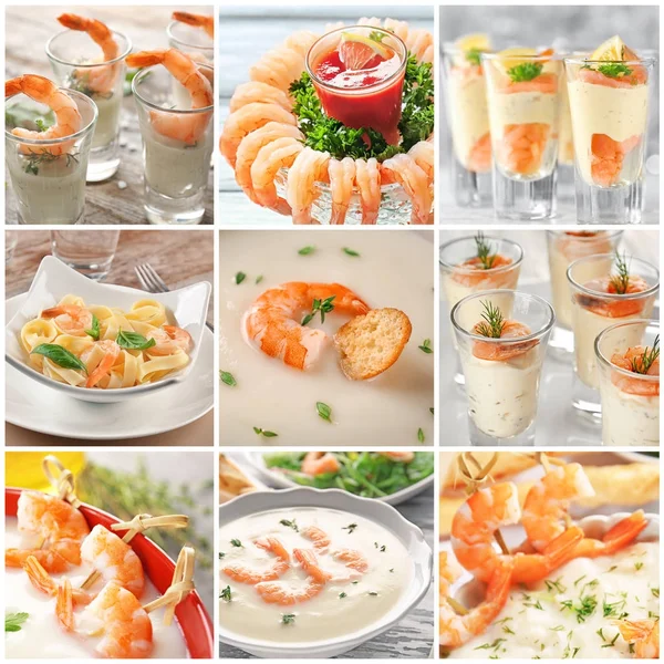 Collage with recipes for different shrimp dishes — Stock Photo, Image