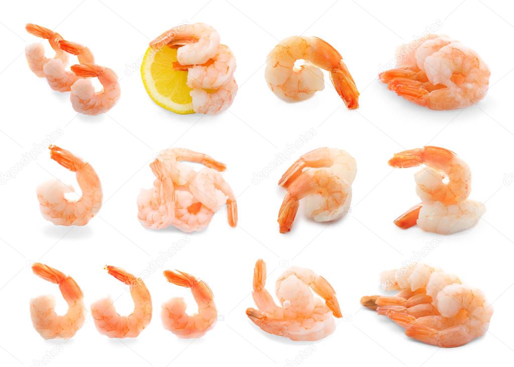Set of boiled shrimps on white background