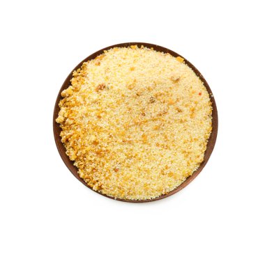 Beyaz arka plan üzerinde kuru sarımsak ile kase toz