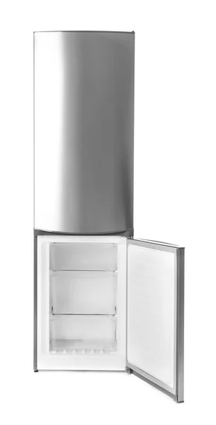 Modern refrigerator with open icebox on white background — Stock Photo, Image