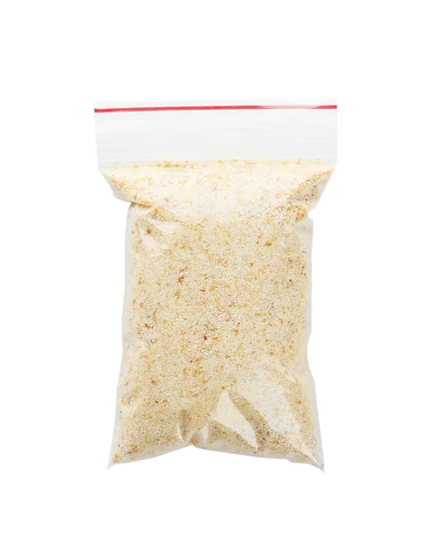 白い背景の上の乾燥ニンニク粉末ジップロックの袋 — ストック写真