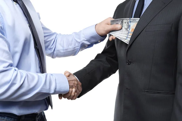 Empresário recebendo dinheiro de homem em fundo branco — Fotografia de Stock