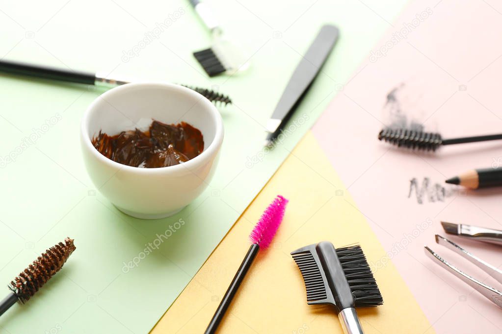 Tools for eyebrow dyeing and correction on color background