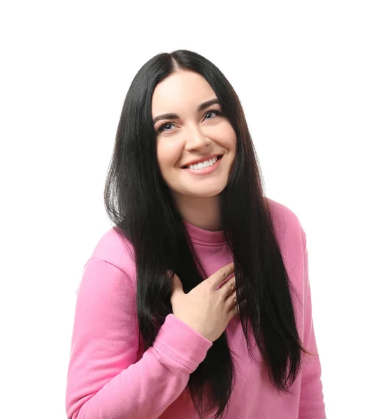 Portrait of young smiling woman on white background — Stock Photo, Image