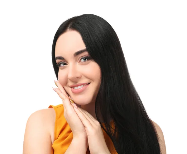 Porträt einer jungen lächelnden Frau auf weißem Hintergrund — Stockfoto
