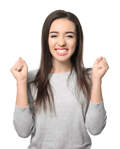 Porträt einer glücklichen jungen Frau auf weißem Hintergrund — Stockfoto