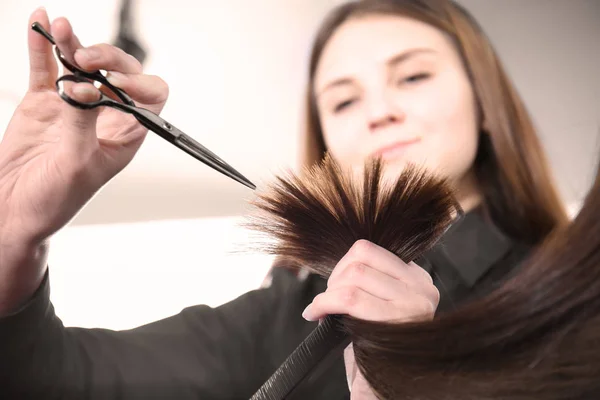 Professional stylist cutting woman's hair in salon, closeup — Stock Photo, Image