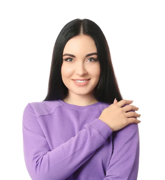 Portret van jonge lachende vrouw op witte achtergrond — Stockfoto