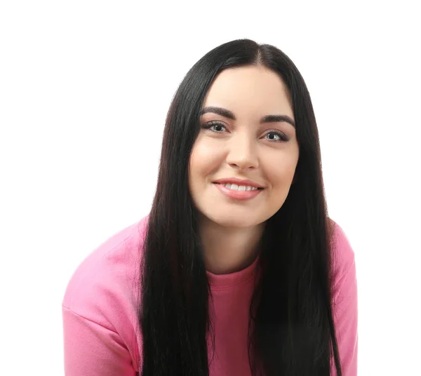 Retrato de jovem mulher sorridente no fundo branco — Fotografia de Stock