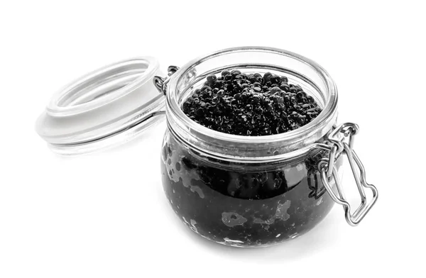 Caviar Preto Frasco Vidro Fundo Branco — Fotografia de Stock