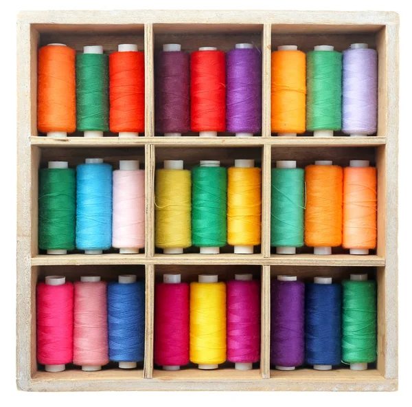 Set Color Sewing Threads Wooden Compartment Box White Background — Stock Photo, Image