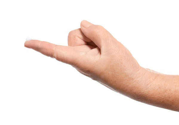 Χέρι Των Ανώτερων Γυναίκα Κρέμα Στο Δάχτυλο Λευκό Φόντο — Φωτογραφία Αρχείου