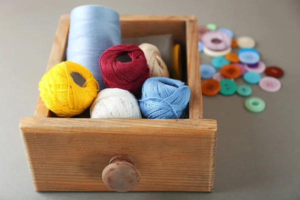 Wooden Drawer Sewing Threads Crocheting Clews Grey Background — Stock Photo, Image
