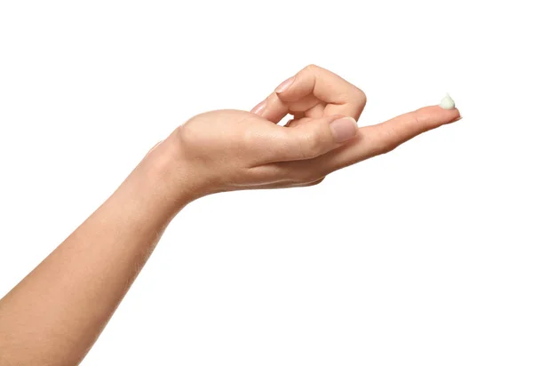 Mano Mujer Joven Con Crema Dedo Sobre Fondo Blanco — Foto de Stock