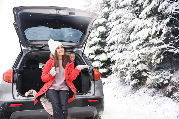 Turismo femminile bere tè vicino auto in campagna innevata — Foto Stock