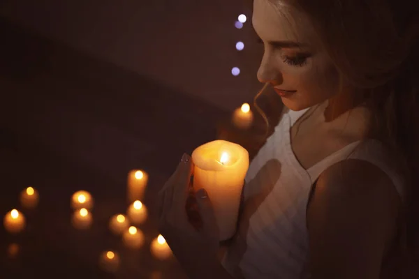 Beautiful Young Woman Holding Candle Dark Room — Stock Photo, Image