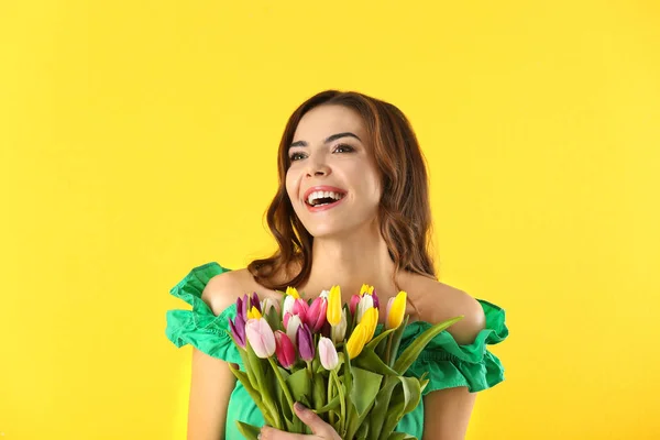 Beautiful Woman Holding Bouquet Tulips Color Background — Stock Photo, Image