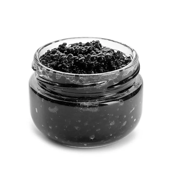 Caviar Negro Frasco Vidrio Sobre Fondo Blanco —  Fotos de Stock