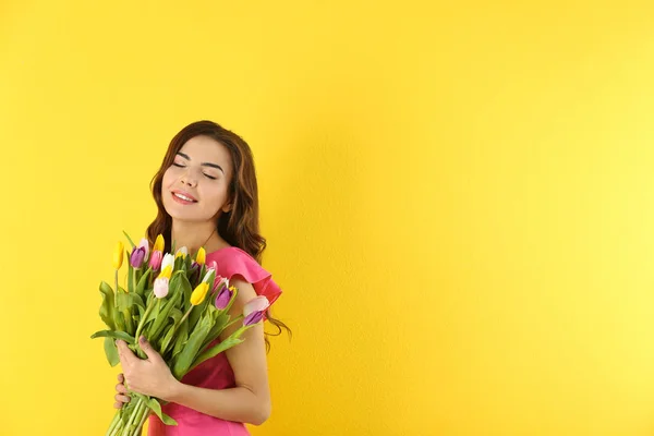 Beautiful Woman Holding Bouquet Tulips Color Background — Stock Photo, Image