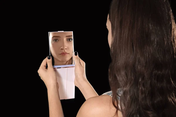 Young Pretty Girl Looking Mirror Black Background — Stock Photo, Image