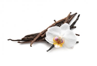 Vanilya çubukları ve beyaz arka plan üzerinde çiçek