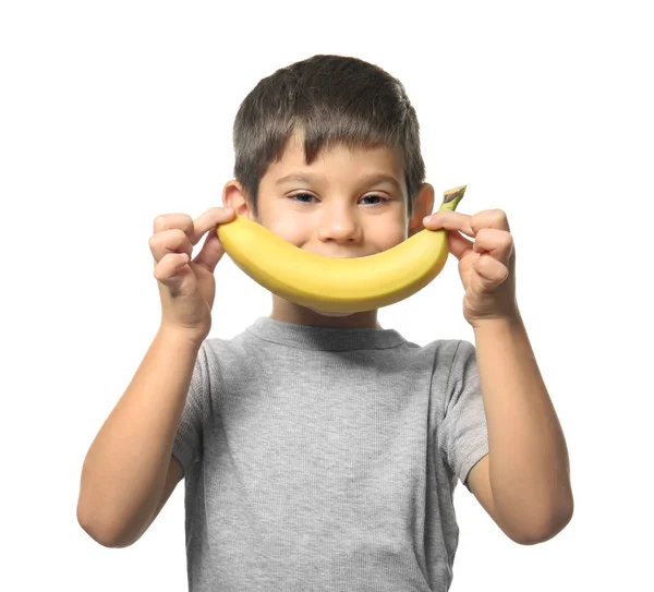Αστεία Πορτρέτο Του Χαριτωμένο Μικρό Αγόρι Μπανάνα Λευκό Φόντο — Φωτογραφία Αρχείου