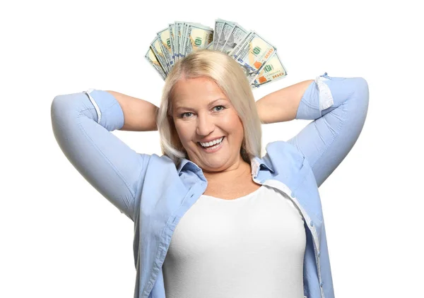 白い背景の上のドル紙幣をたくさん熟女は幸せ — ストック写真