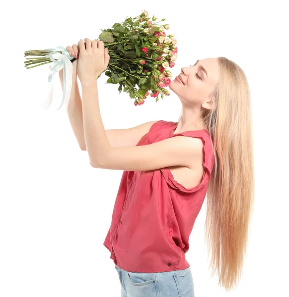 Belle Jeune Femme Avec Bouquet Roses Sur Fond Blanc — Photo