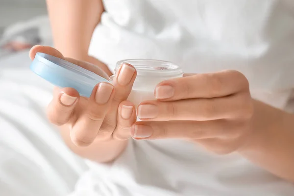 Woman Jar Hand Cream Home Closeup — Stock Photo, Image