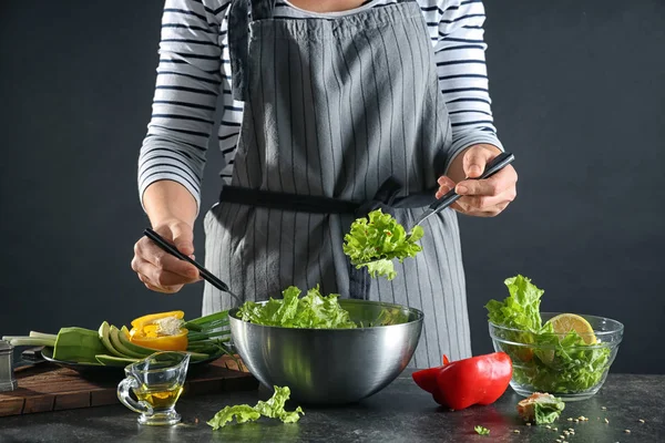 Woman Preparing Tasty Vegetable Salad Bowl Table — Stock Photo, Image