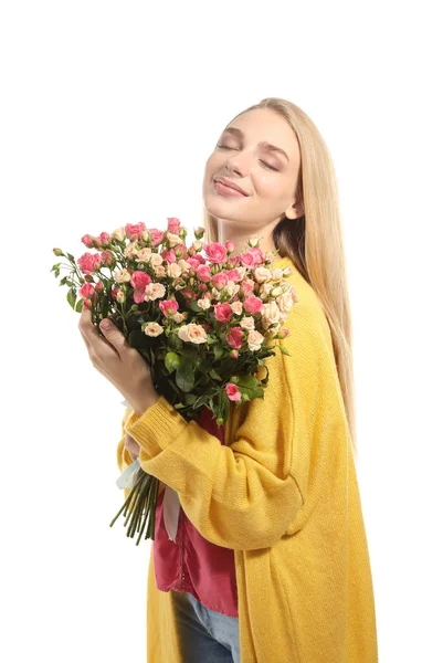 Hermosa Joven Con Ramo Rosas Sobre Fondo Blanco — Foto de Stock