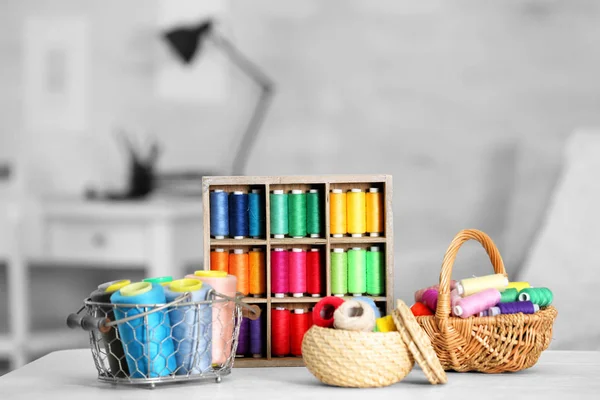 Set Colorful Threads Sewing Crocheting Table — Stock Photo, Image