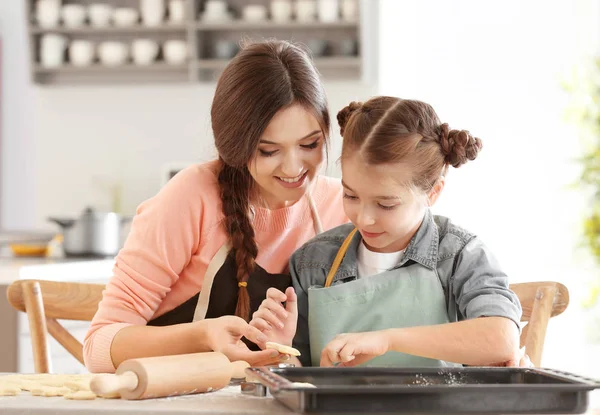 Mother Daughter Dough Table Indoors — Stock Photo, Image