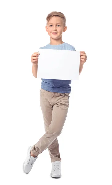 Cute boy with blank sheet of paper for advertising on white background — Stock Photo, Image