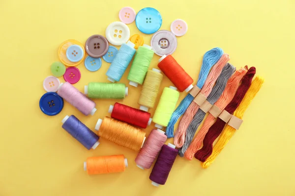 Set Sewing Mouline Threads Buttons Color Background — Stock Photo, Image