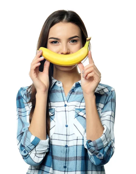 Retrato Engraçado Mulher Jovem Com Banana Fundo Branco — Fotografia de Stock