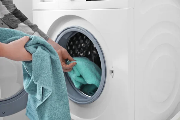 Woman Putting Laundry Washing Machine Closeup — Stock Photo, Image