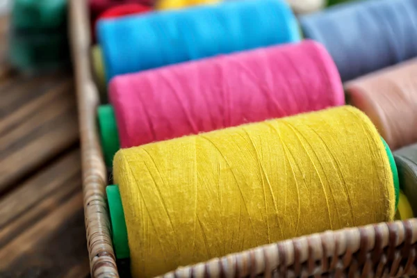 Wicker Tray Set Color Sewing Threads Closeup — Stock Photo, Image