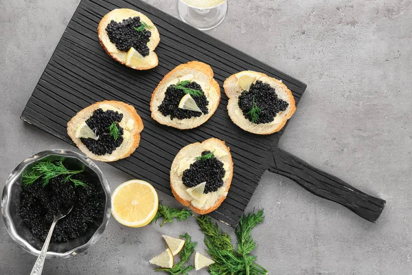 Slices Bread Black Caviar Butter Wooden Board — Stock Photo, Image